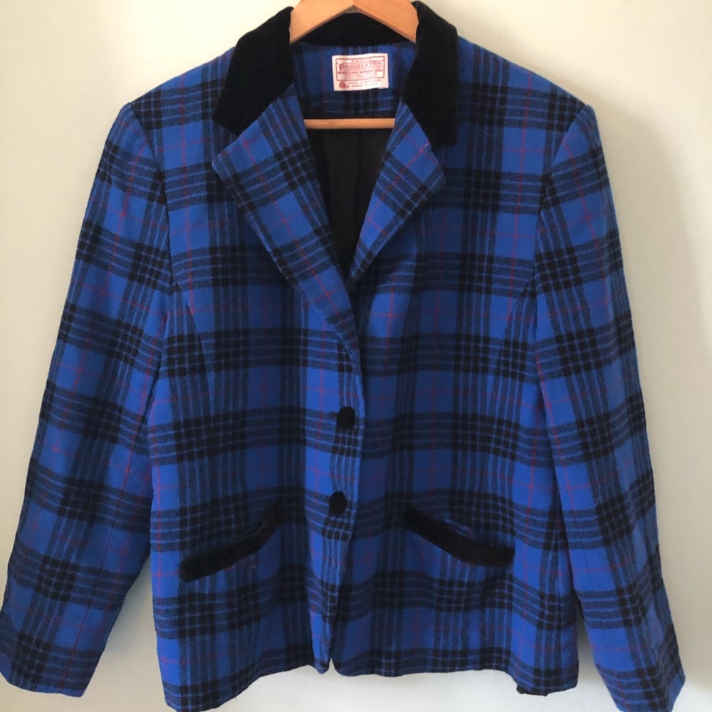 Vintage Pendleton blue black watch plaid blazer jacket 16 PETITE LARGE XL